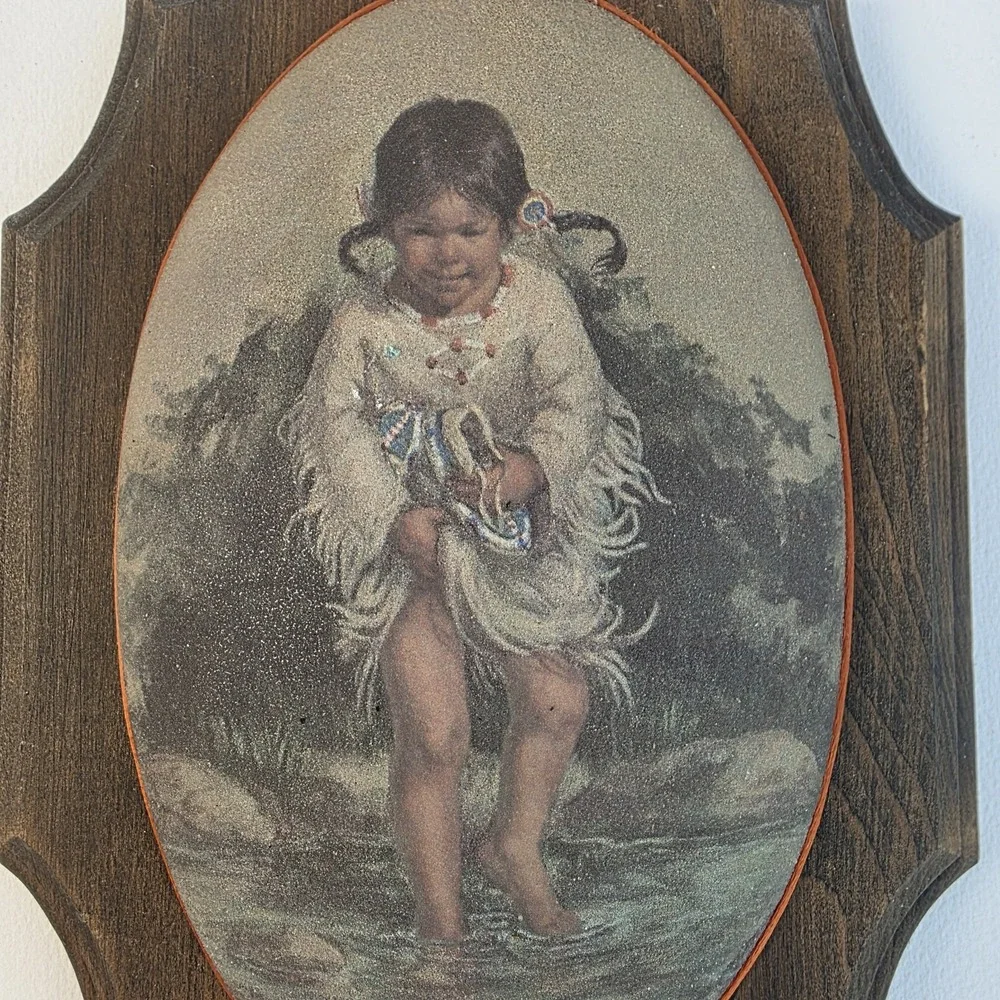 Vintage Beaded Sugar Glass Wall Art Plaque Native American Girl Vel Miller Print